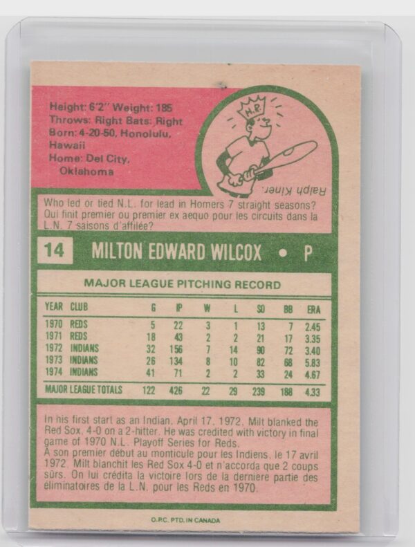 1975 Topps Milt Wilcox #14 Indians - Image 3