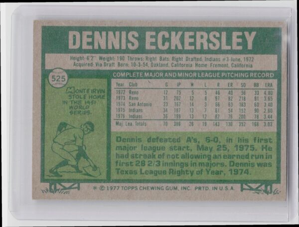 1977 Topps Dennis Eckersley #525 Indians - Image 3