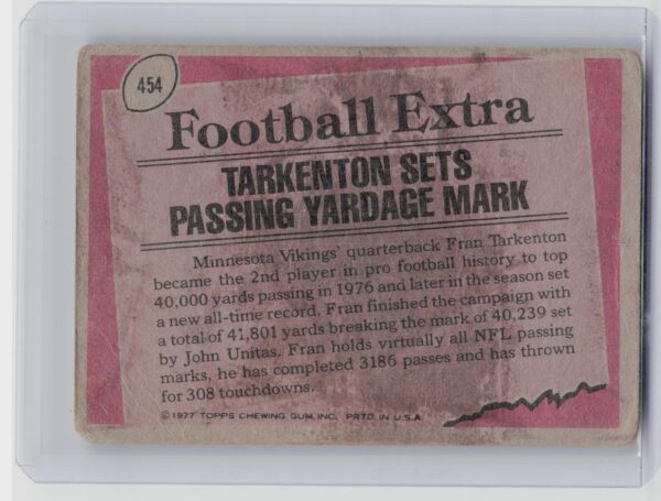 1977 Topps Fran Tarkenton #454 Vikings - Image 3
