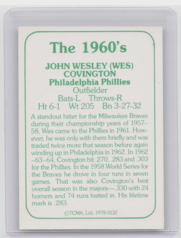 1978 TCMA The 1960's I Wes Covington #0132 Phillies - Image 3