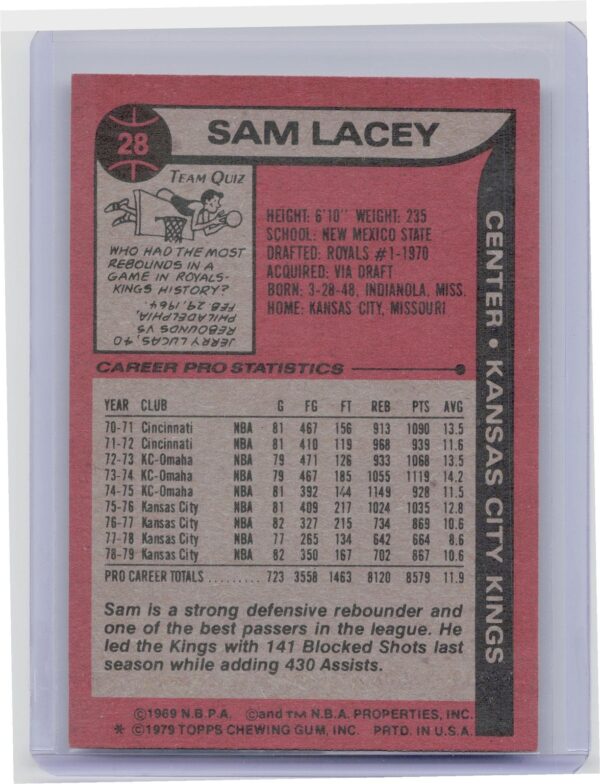 1979-80 Topps Sam Lacey #28 Kings - Image 3
