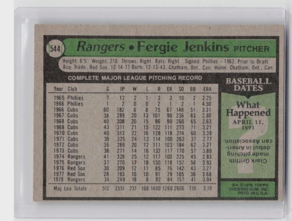 1979 Topps Fergie Jenkins #544 Rangers - Image 3