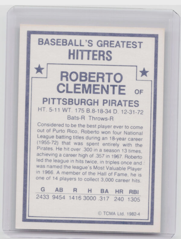1982 TCMA Baseball's Greatest Hitters (White Back) Roberto Clemente #4 Pirates - Image 3