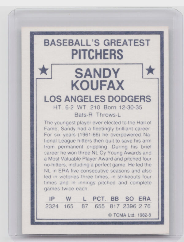 1982 TCMA Baseball's Greatest Pitchers (White Back) Sandy Koufax #8 Dodgers - Image 3