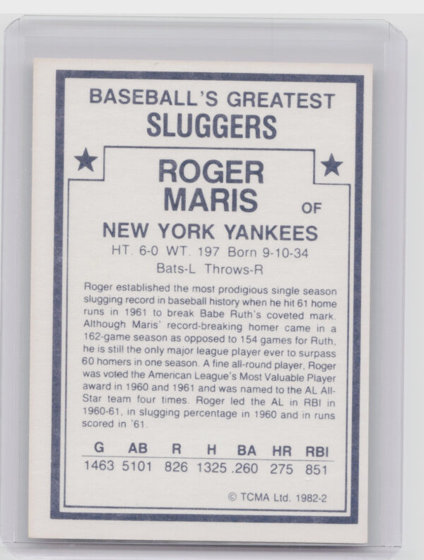 1982 TCMA Baseball's Greatest Sluggers (White Back) Roger Maris #2 Yankees - Image 3
