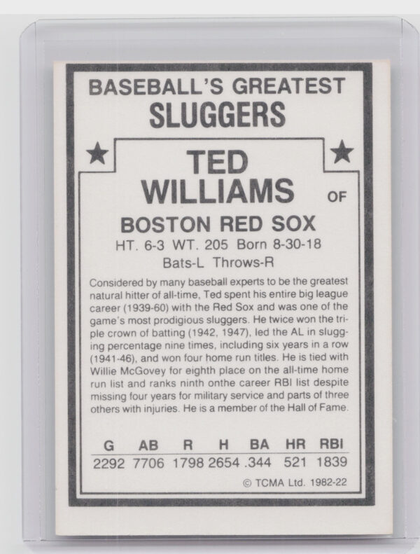 1982 TCMA Baseball's Greatest Sluggers (White Back) Ted Williams #22 Sox - Image 3
