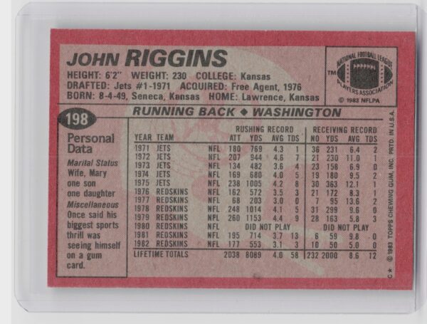 1983 Topps John Riggins #198 Redskins - Image 3