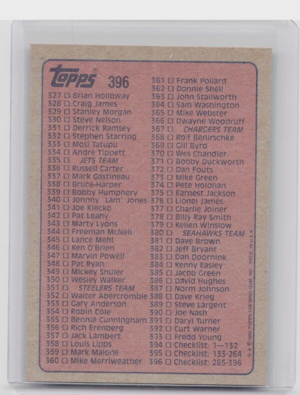 1985 Topps Checklist: 265-396 #396 - Image 3