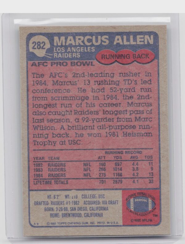 1985 Topps Marcus Allen #282 Raiders - Image 3