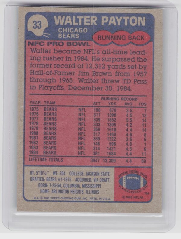 1985 Topps Walter Payton #33 Bears - Image 3