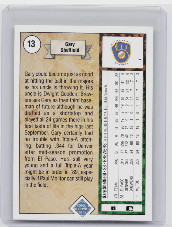 1989 Upper Deck Gary Sheffield RC #13 Brewers - Image 3
