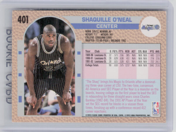 1992-93 Fleer Shaquille O'Neal RC #401 Magic - Image 3