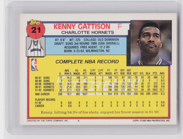 1992-93 Topps Kenny Gattison Gold #21 Hornets - Image 3