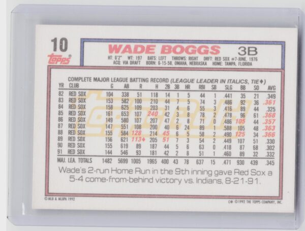1992 Topps Wade Boggs #10 Sox - Image 3