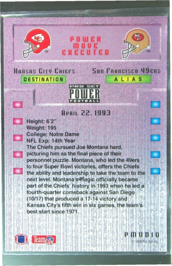 1993 Pro Set Power Update Joe Montana #PMUD10 Chiefs Power Moves - Image 3