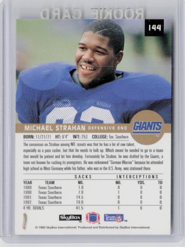1993 SkyBox Premium Michael Strahan RC #144 Giants - Image 3