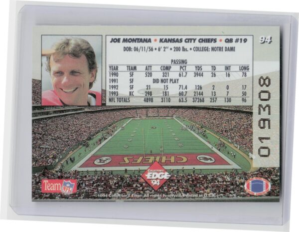 1994 Collector's Edge Joe Montana 1st Day #94 Chiefs - Image 3