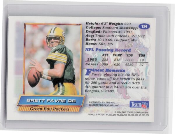 1994 Finest Brett Favre #124 Packers - Image 3