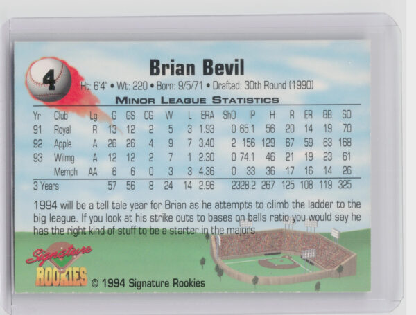 1994 Signature Rookies Brian Bevil AU SN8650 #4 Chicks Authentic Signatures - Image 3