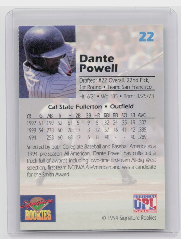 1994 Signature Rookies Draft Picks Dante Powell AU SN7750 #22 Giants Signatures - Image 3