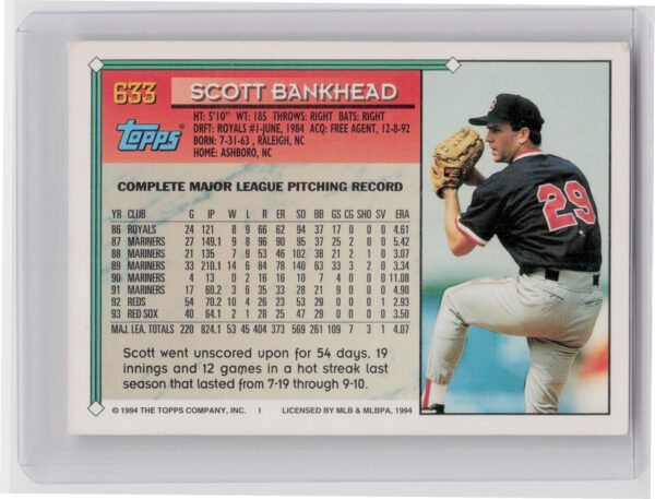 1994 Topps Scott Bankhead Gold #633 Sox - Image 3