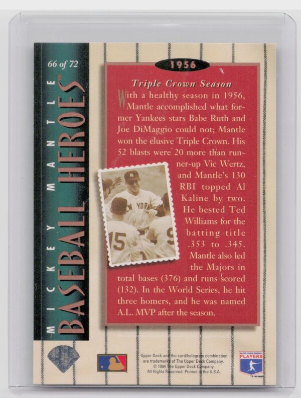 1994 Upper Deck Mickey Mantle #66 Yankees Baseball Heroes: Mickey Mantle - Image 3