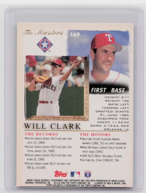 1996 Topps Gallery Will Clark #149 Rangers - Image 3