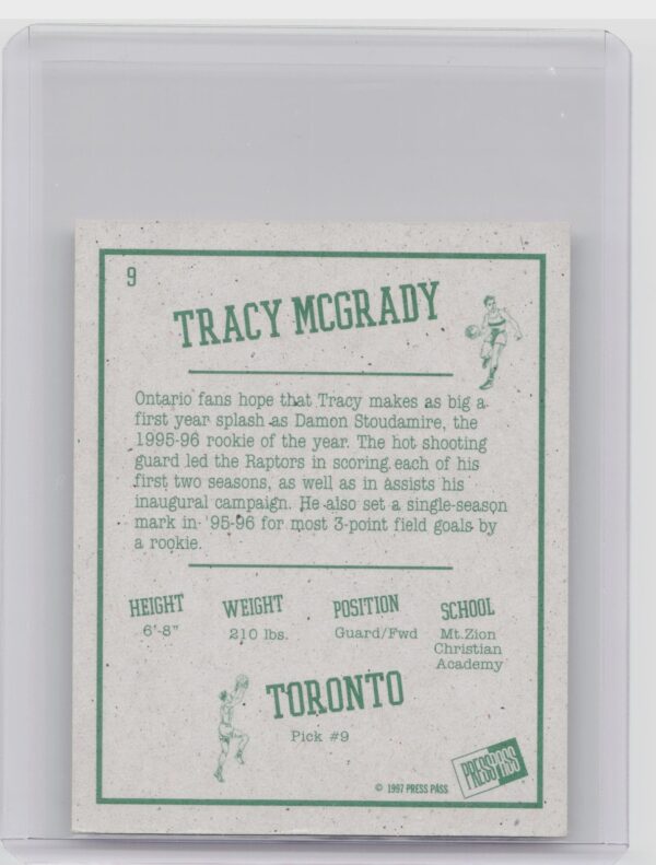1997-98 Press Pass Double Threat Tracy McGrady #9 Raptors Retroactive - Image 3