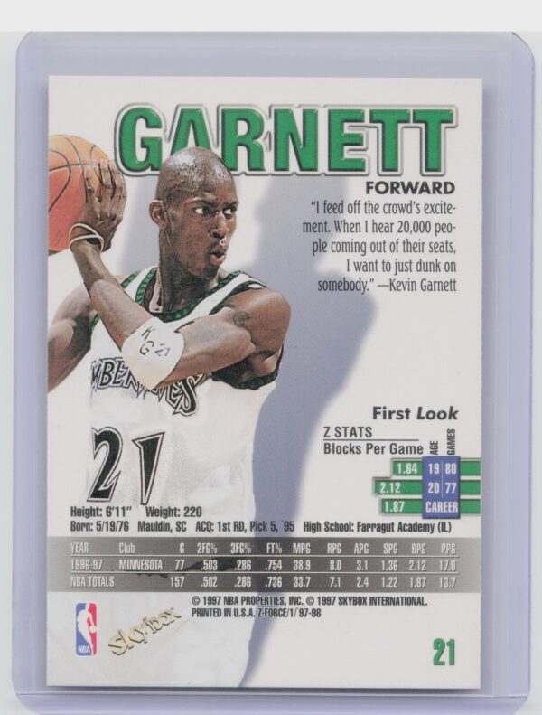 1997-98 SkyBox Z-Force Kevin Garnett #21 Timberwolves - Image 3