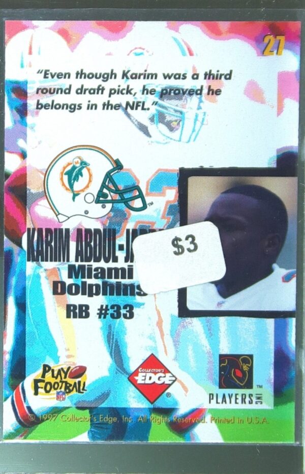 1997 Collector's Edge Masters Karim Abdul-Jabbar #27 Dolphins Ripped - Image 3