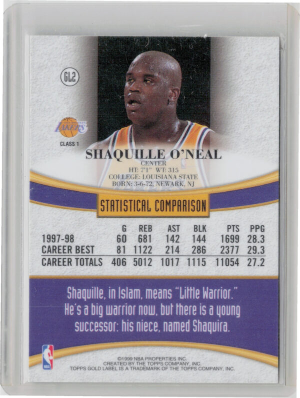 1998-99 Topps Shaquille O'Neal #GL2 Lakers Topps Gold Label - Image 3