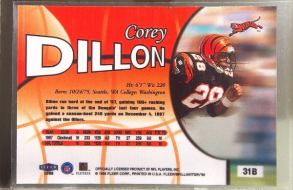 1998 Fleer Brilliants Corey Dillon #31 Bengals - Image 3