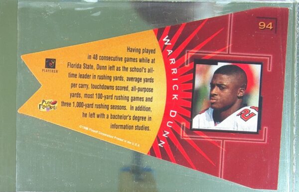 1998 Playoff Contenders Warrick Dunn #94 Buccaneers Pennants Orange Felt - Image 3