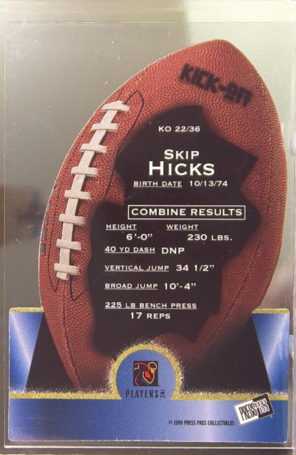1998 Press Pass Skip Hicks RC #KO22 Bruins Kick Off - Image 3