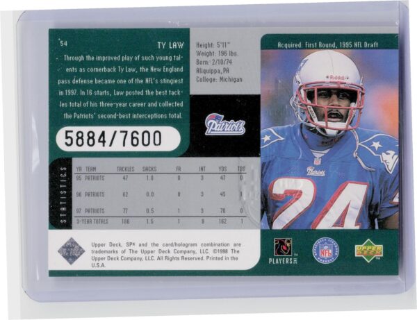 1998 SPx Finite Ty Law /7600 #54 Patriots - Image 3