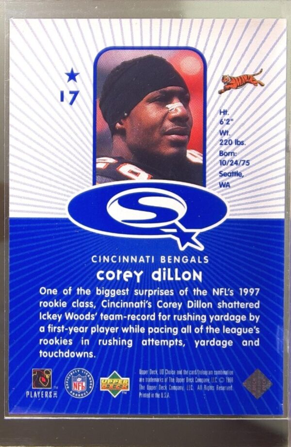 1998 Upper Deck UD Choice Corey Dillon #17 Bengals StarQuest Blue - Image 3