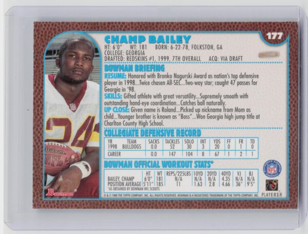 1999 Bowman Champ Bailey RC #177 Redskins - Image 3