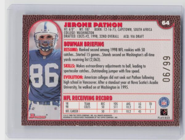 1999 Bowman Jerome Pathon Gold /99 #64 Colts - Image 3