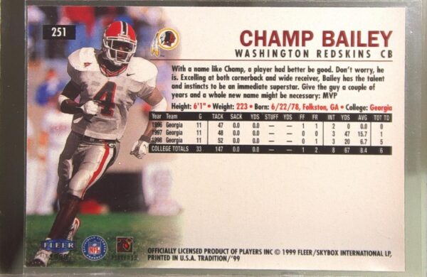1999 Fleer Tradition Champ Bailey RC #251 Redskins - Image 3