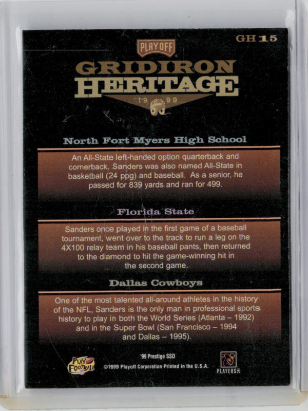 1999 Playoff Prestige SSD Deion Sanders #GH15 Cowboys Gridiron Heritage - Image 3