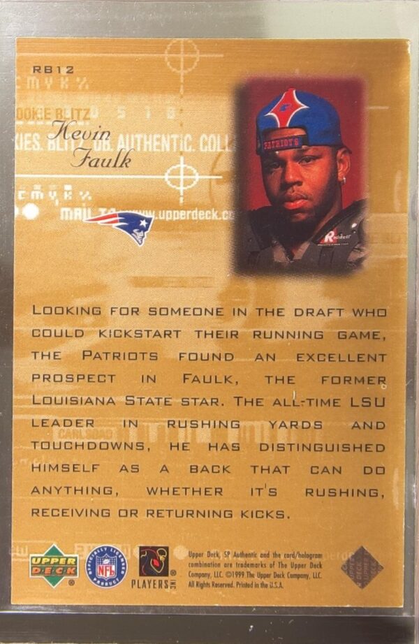 1999 SP Authentic Kevin Faulk RC #RB12 Patriots Rookie Blitz - Image 3