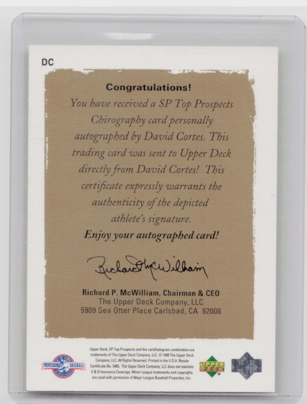 1999 SP Top Prospects David Cortes AU #DC Braves Chirography - Image 3
