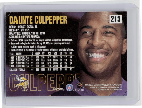 1999 SkyBox Dominion Daunte Culpepper RC #213 Vikings - Image 3