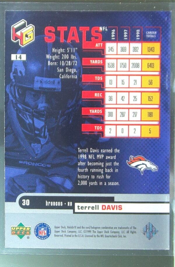 1999 Upper Deck HoloGrFX Terrell Davis #14 Broncos - Image 3