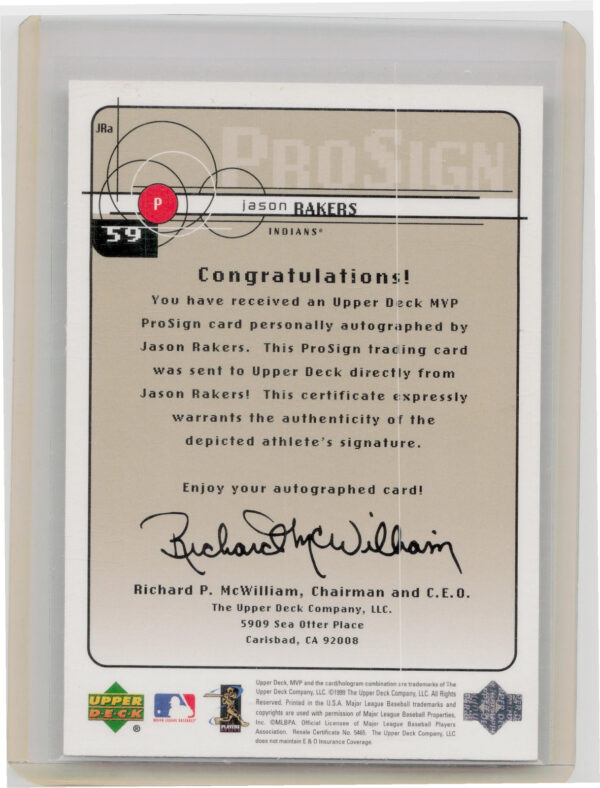 1999 Upper Deck MVP Jason Rakers AU #JRA Indians ProSign - Image 3