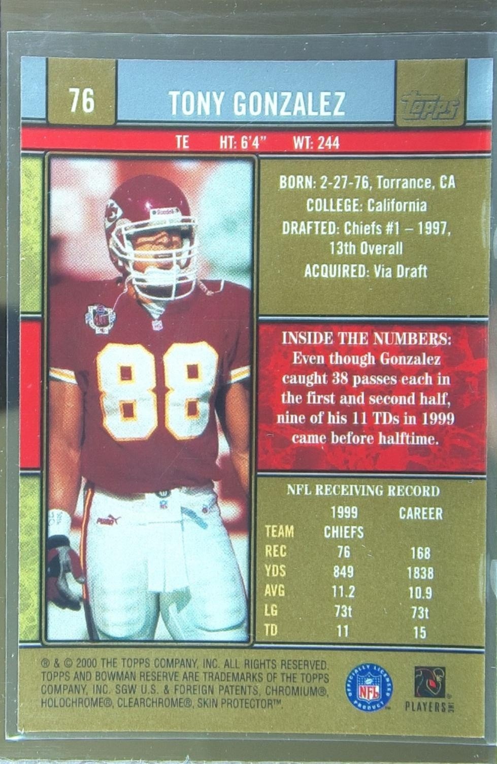 2000 Bowman Reserve Tony Gonzalez #76 Chiefs - Image 3