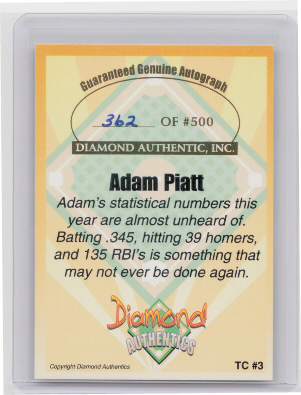 2000 Diamond Authentics Autographs Adam Piatt AU SN500 #TC3 RockHounds Triple Cr - Image 3