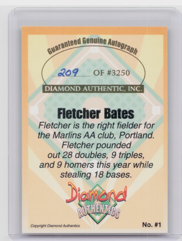 2000 Diamond Authentics Autographs Fletcher Bates AU SN3250 #1 Dogs - Image 3