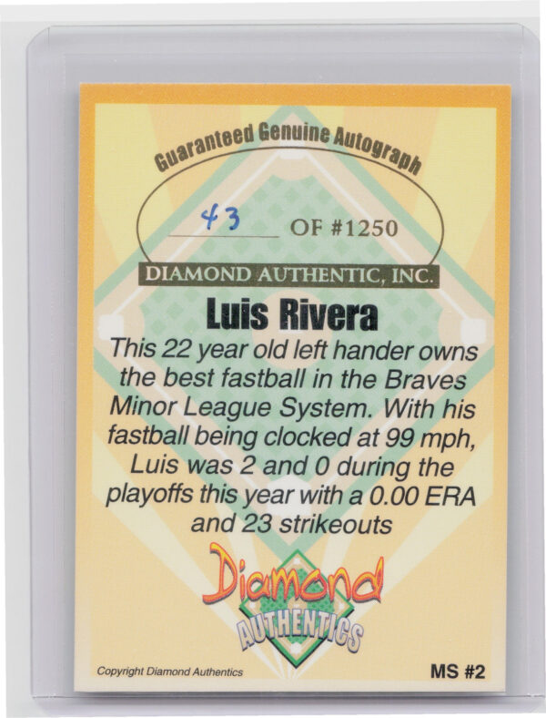 2000 Diamond Authentics Autographs Luis Rivera AU SN1250 #MS2 Pelicans - Image 3