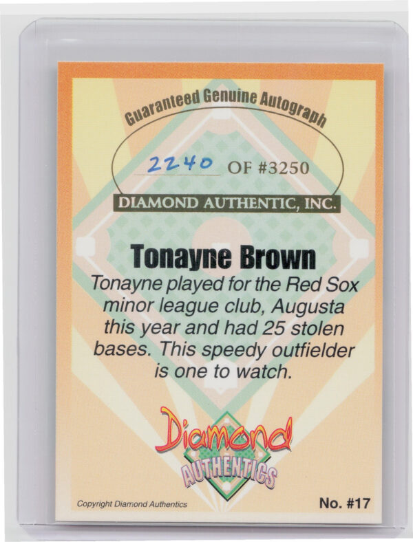 2000 Diamond Authentics Autographs Tonayne Brown AU SN3250 #17 GreenJackets - Image 3